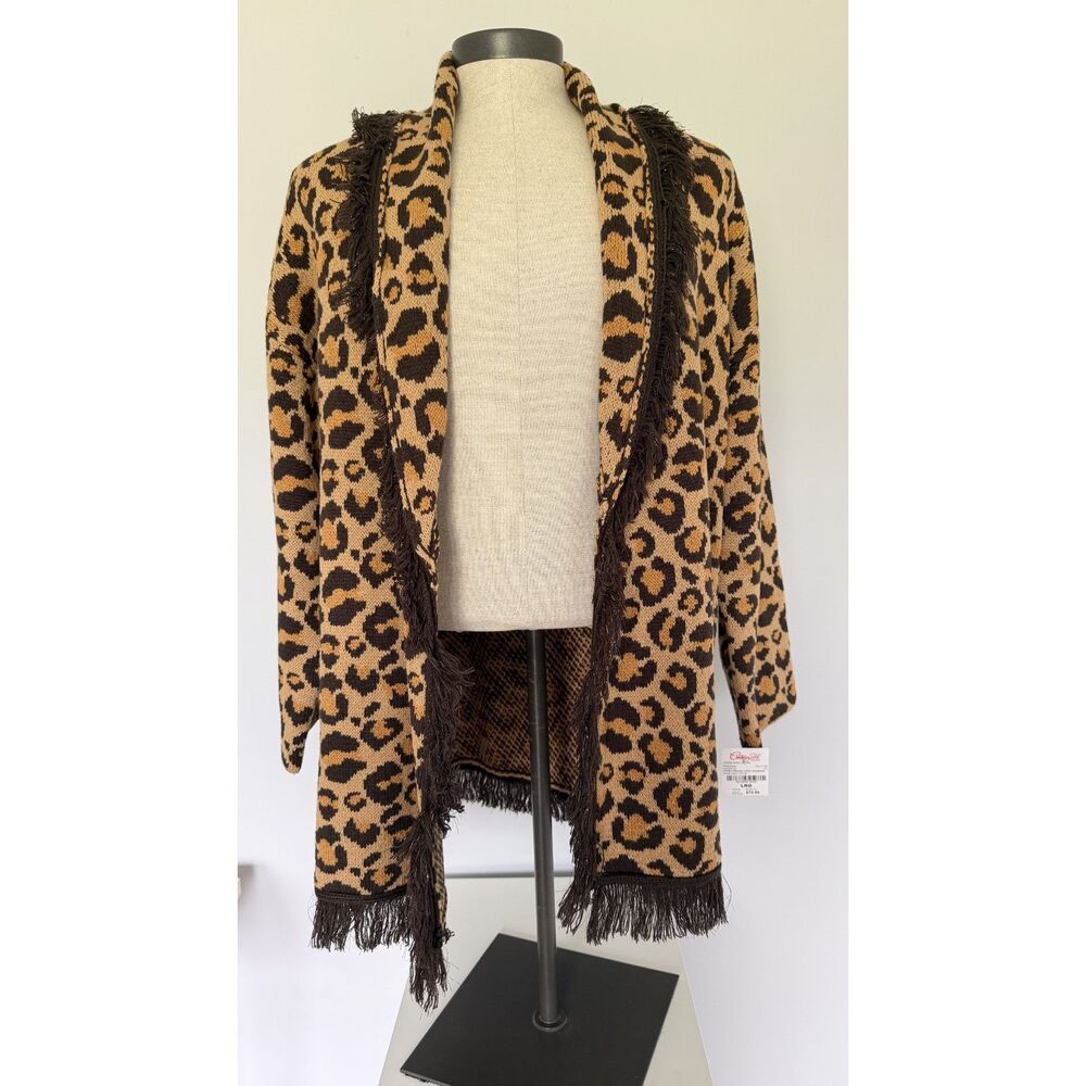John + Jenn NWT Ocelot Leopard Print Fringe Cardigan Womens L